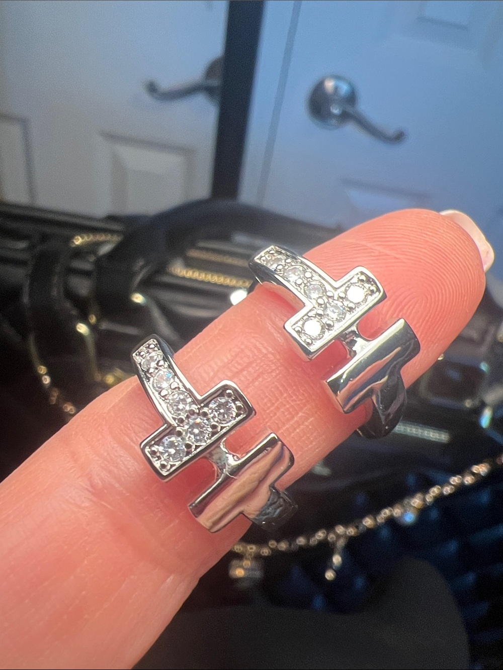 T-Logo Crystal Silver Ring - Double T Accent